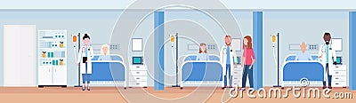 Mix race doctors visiting patients lying in bed intensive therapy ward healthcare concept hospital room interior modern Vector Illustration