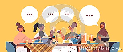 Mix race female friends sitting at table discussing during dinner in women`s club chat bubble communication Vector Illustration