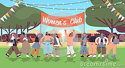Mix race girls standing together female empowerment movement women`s club union of feminists concept Vector Illustration
