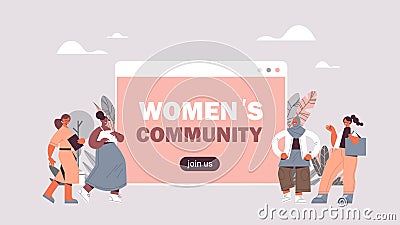 Mix race girls using social network online communication female empowerment movement women`s community Vector Illustration