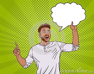 Mix Race Man Point Finger Up To Empty Chat Cloud Over Dot Pin Up Style Background Vector Illustration