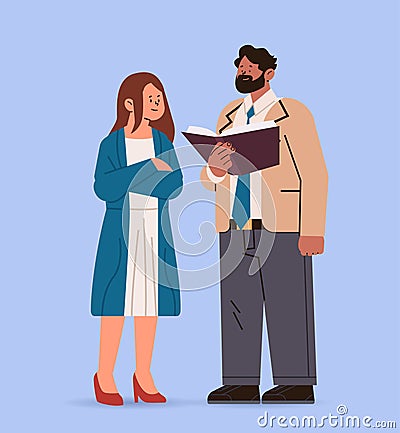 mix race man woman teachers couple standing together and discussing during meeting education day concept full length Vector Illustration
