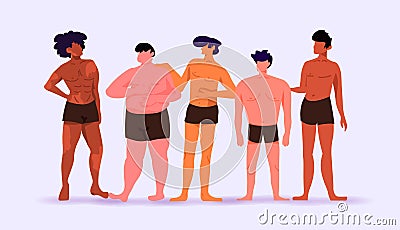 mix race men of different height figure type and size standing together love your body concept Vector Illustration