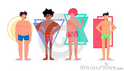 mix race men of different height figure type and size standing together love your body concept Cartoon Illustration