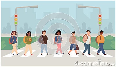 Mix race, multi ethnic children crossing street along crosswalk. School pupil walking across pedestrian crossing. Road Vector Illustration