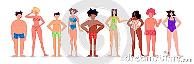 mix race people of different height figure type and size standing together love your body concept full length horizontal Vector Illustration