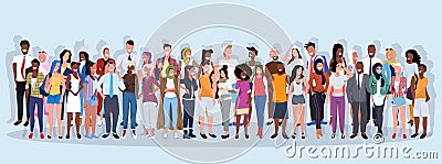 Mix race people group different occupation standing together over blue background male female workers full length Vector Illustration