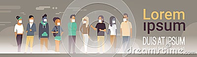 Mix race people group in mask over grey smog nature air pollution city landscape atmosphere male female full length copy Vector Illustration