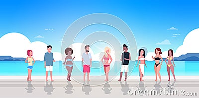 Mix race people group on sunrise beach seaside vacation summer holiday horizontal flat Vector Illustration