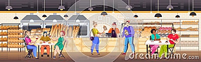 Mix race people having breakfast in bakery men women eating and buying fresh bread Vector Illustration