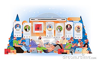 mix race people in santa claus hats chatting in social media app digital communication concept new year holidays Vector Illustration