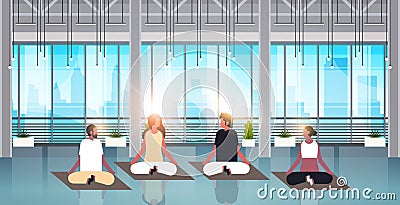 Mix race people sitting lotus position doing sport fitness exercises meditation relaxation concept modern gym interior Vector Illustration