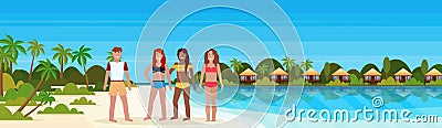 Mix race people on tropical island with villa bungalow hotel on beach seaside green palms landscape summer vacation Vector Illustration