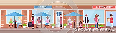 Mix race people visitors sitting summer cafe shop customers holding purchases in front of supermarket exterior urban Vector Illustration