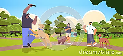 mix race people walking with dogs owners and cute domestic animals having fun friendship with pets concept Vector Illustration