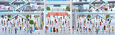 Mix race people walking with purchases black friday big sale promotion discount concept shopping mall interior Vector Illustration