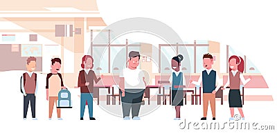 Mix race pupils mocking for fat obese school boy obesity concept friends bullying sad overweight guy in classroom Vector Illustration