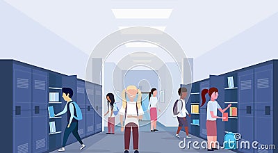 Mix race schoolchildren group visiting their lockers modern school corridor interior education concept horizontal full Vector Illustration