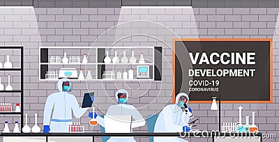Mix race scientists developing vaccine to fight against coronavirus researchers team working in medical lab vaccine Vector Illustration