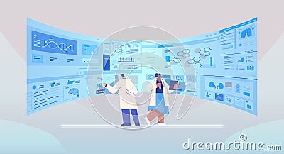 mix race scientists team analyzing medical data on virtual board medicine healthcare concept hospital interior Vector Illustration