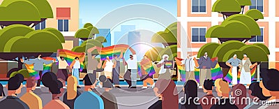 mix race senior people group holding lgbt rainbow flag gay lesbian love parade pride festival transgender love concept Vector Illustration
