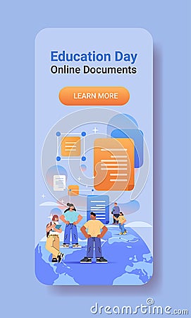 mix race student sending documents online education day live webinar distance e-learning concept vertical Vector Illustration