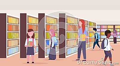 Mix race students choosing books pupols near bookshelves rows modern library interior reading education knowledge Vector Illustration