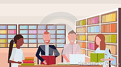 Mix race students group reading books preparing to exam sitting workplace desks study area modern library interior Vector Illustration