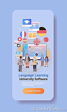 mix race students learning language on laptop online education e-learning concept Vector Illustration