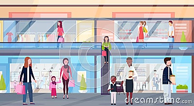 Mix race visitors walking modern shopping mall with clothes boutiques and coffee shops supermarket retail store interior Vector Illustration