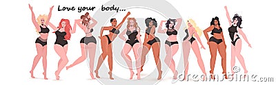 Mix race women of different height figure type and size standing together love your body concept Vector Illustration