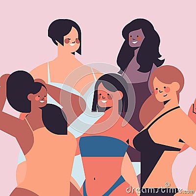 mix race women of different height figure type and size standing together love your body concept Vector Illustration