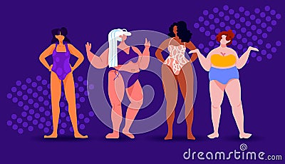 mix race women of different height figure type and size standing together love your body concept Vector Illustration