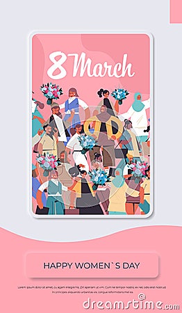 mix race women with flowers celebrating womens day 8 march holiday celebration concept vertical Vector Illustration