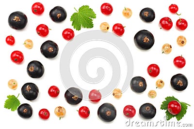 mix of red currant and black currant with green leaf isolated on a white background. healthy food. top view Stock Photo