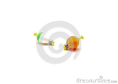 Pile of round and pear shaped weighted foam bobber float extra casting distance isolated on white Stock Photo