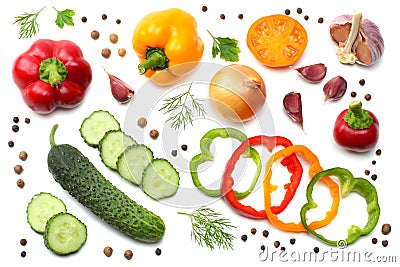 Mix of sliced cucumber, garlic, sweet bell pepper and parsley isolated on white background. top view Stock Photo