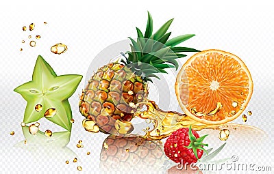 Mix splashes of juices Carambola, Orange, Pineapple, Raspberry Vector Illustration