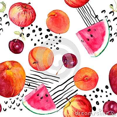 Mix of summer fruits apricot, peach, cherry, watermelon . Seamless positive food pattern with funny lines and dots - Cartoon Illustration