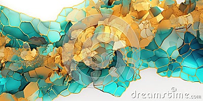 Mixed Abstract Art of Watercolor Cyan and Gold Color Wavy and Curve Alcohol Ink on White Background Stock Photo