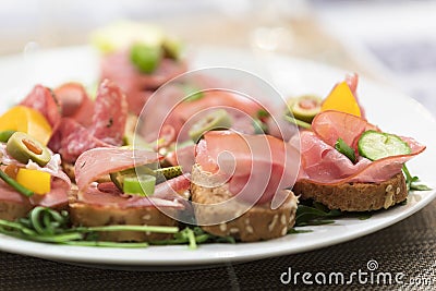 Mixed antipasti/appetizers served as starter at christmas and new years eve Stock Photo