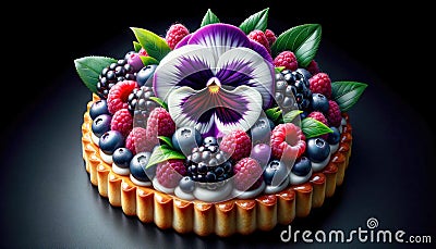 Mixed Berry mini Tart with Edible Flowers Stock Photo