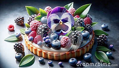 Mixed Berry mini Tart with Edible Flowers Stock Photo