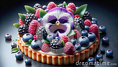 Mixed Berry mini Tart with Edible Flowers Stock Photo