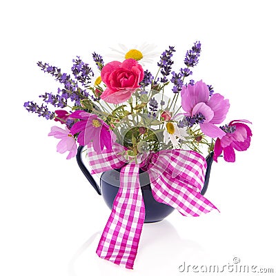 Mixed bouquet garden flowers with ribbon Stock Photo