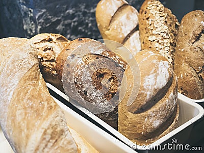 Mixed Bread baguette Display in Bakery shop Stock Photo