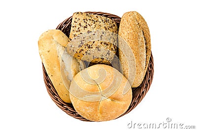 Mixed bread in basket isolated on white background. Stock Photo