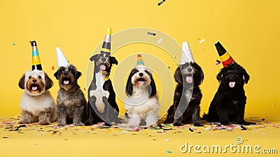 Mixed breed dogs with party decoration Stock Photo