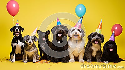 Mixed breed dogs with party decoration Stock Photo