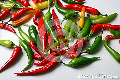 mixed chilli peppers isolated on white, lay flat from above, Stock Photo